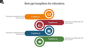 Colorful education themed slide with four labeled sections captioned 1 to 4 with icons and placeholder text.
