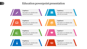 Education slide with eight triangular blocks, each in vibrant colors and containing an icon and caption.