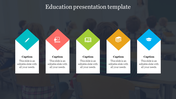Education slide with five diamond banners in blue, red, green, yellow, and blue, each featuring an icon and caption. 