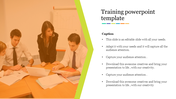 Training PowerPoint template with a business team collaborating around a laptop and papers with a caption text.