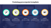 Training template with five circular icons, including a pencil, presentation board, screen, book, and instructor. 
