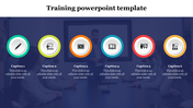 Training slide with six rounded icons, each with a caption, set against a blurred blue background of a meeting room.