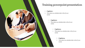 Training slide with a image of people writing on clipboards, set against a green and black background with captions