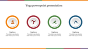 Yoga PowerPoint slide featuring four circular icons representing yoga poses with captions for detailed descriptions.