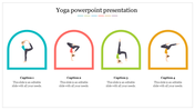 Slide featuring four yoga poses inside colored arches in teal, red, green, and yellow, with captions below.