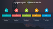 Slide featuring five colorful circular icons, each representing a different yoga pose, on a serene sunset backdrop.