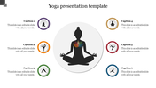 Yoga infographic with a central meditating figure surrounded by six circular icons representing different yoga poses. 