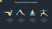 Yoga slide with four flat style illustrations of women demonstrating boat, downward dog, lotus, and warrior poses.