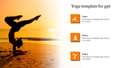 Yoga PowerPoint template featuring a person performing an advanced yoga pose on the beach, with text sections.