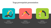 Icons of yoga postures displayed in blue, red, and green backgrounds with placeholder text areas under each pose.