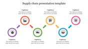 Colorful supply chain process PPT template with six icons and captions with placeholder text on a white backdrop.