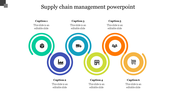 Slide featuring six circular elements in vibrant colors and icons illustrating various supply chain steps.