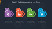 Slide design with four arrows in purple, orange, green, and blue, showing stages of supply chain, on a dark backdrop.