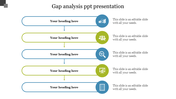 Slide with a series of colored horizontal boxes alternating in blue and green, with icons, each showing gap analysis steps.
