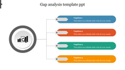 Gap analysis template with four labeled bars in different colors branching from a icon, each with placeholder text. 