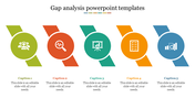Gap analysis PPT slide with color coded icons and various stages captions with placeholder text on a white theme.