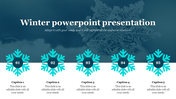 Winter PowerPoint template featuring snowflakes with captions for each section on a split backdrop.