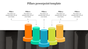 Five colorful 3D pillar shapes in orange, teal, blue, lime, and yellow, with captions, set against a dark background.