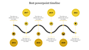 Best timeline PowerPoint template showcasing milestones for 2016 to 2021 with yellow circular icons with placeholder text.