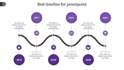 Business timeline with a black path linking six purple milestone circles from 2016 to 2021, each with an icon and caption. 