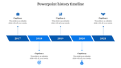History timeline PPT slide with blue arrows marking the years 2017 to 2021, featuring icons with captions and text.