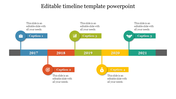 Timeline slide showing a horizontal layout with labeled years from 2017 to 2021, connected to captions with colorful icons.