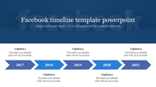 Facebook timeline template slide with five blue chevron arrows, 2017-2021, captions areas placed in a white backdrop.