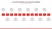 Horizontal timeline with twelve red boxes for each month, from January to December, connected to captions above and below.