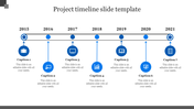 Project timeline PPT slide from 2015 to 2021 with blue icons and milestone markers with captions on a white backdrop.