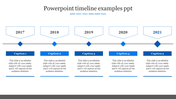 Timeline PowerPoint slide featuring milestones from 2017 to 2021, with blue captions for each year with placeholder text.