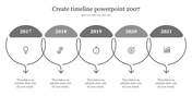 Creating a timeline PowerPoint slide with years from 2017 to 2021, each marked by an icon and connected by arrows with text.