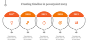 Timeline design featuring five circular labels with orange headers, containing icons and arrows below.