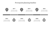 Planning timeline with six gray teardrop markers, each containing an icon and year from 2016 to 2021, placed along a bar.