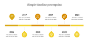 Yellow timeline from 2016 to 2021 with teardrop shaped icons above and below a horizontal bar, marking key years. 