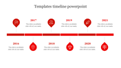 Ted timeline with circular year markers from 2016 to 2021, each with an icon and text, connected on a horizontal line.
