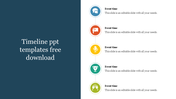 Vertical timeline infographic with five circular icons in colors, each linked to an event title and description on the right.