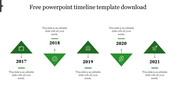 Timeline PPT template with years 2017 to 2021, each year marked with a green triangle icon and corresponding text.