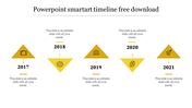 PowerPoint SmartArt timeline template with triangular icons for each year from 2017 to 2021, featuring text.