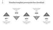 Gray timeline with triangular year markers from 2017 to 2021, arranged alternatively, each with an icon and text block.