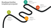 Curved black road with four colored markers, each containing an icon and captions, placed on a white background.