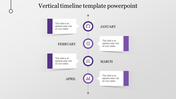 Minimalist vertical timeline showcasing months January to April, with purple accents and placeholder text areas.