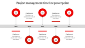 Modern red and white project timeline with circular icons, a horizontal bar, and captions marking events from 2018 to 2021. 