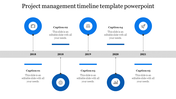 Blue themed timeline with year markers from 2018 to 2021, each represented by a circular icon and captions.