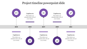 Project timeline PPT slide with years from 2018 to 2021, each year represented by a purple circular icon and a caption.