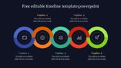 Timeline with colorful circular icons in blue, orange, green, red, and green, each with an icon, on a dark background.