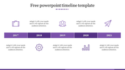 Horizontal timeline layout with five purple sections and icons, showcasing years 2017 to 2021 on a clean white background.