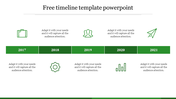 Timeline PPT template with years 2017 to 2021, each marked by green icons and connected by a horizontal line.