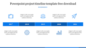 Horizontal project timeline with five blue blocks labeled 2017 to 2021, each linked to icons representing milestones. 