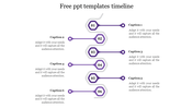 Vertical timeline with six numbered purple nodes in a zigzag pattern and captions on either side.