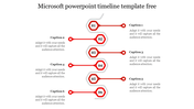 Timeline with red hexagonal nodes, numbers 01 to 06, connected to captions on alternating sides in a zigzag layout. 